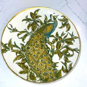 Pottery Barn Peacock Plate 9.5" Art Nouveau Inspired Ceramic Green Teal Gold
